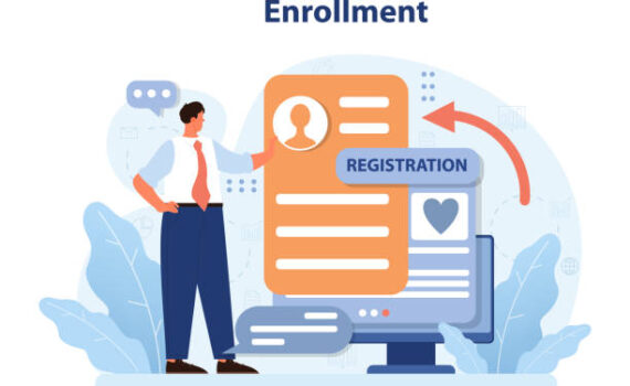 enrollment-img Enrollment process visualized. Businessman interacts with an online registration form on a computer, symbolizing easy user sign-up. Digital application, seamless registration experience. Flat vector